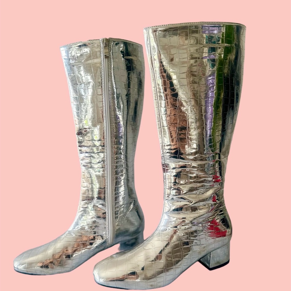 Faux Leather Metallic Croc Print High-rise Boots